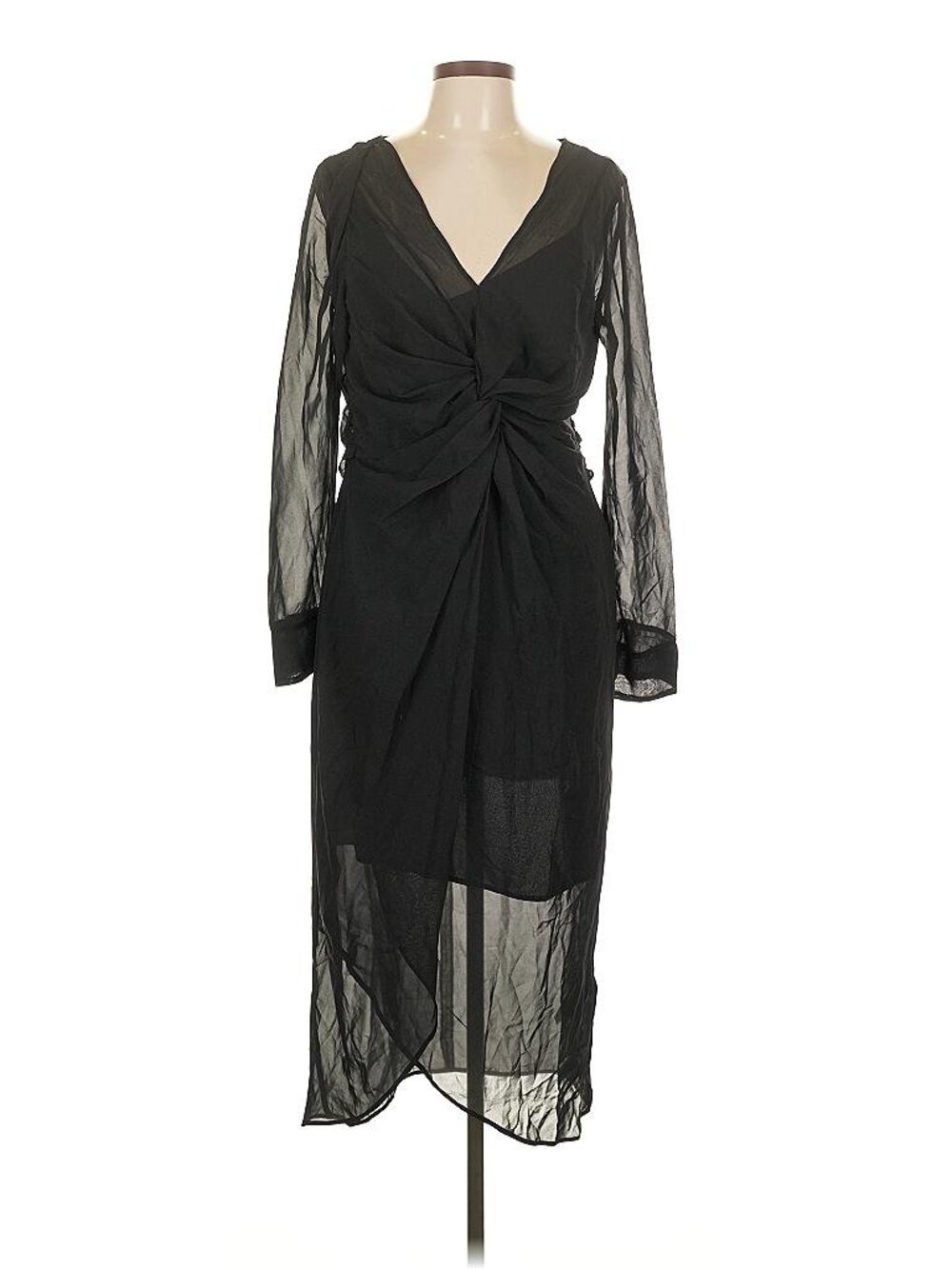 DKNY Black Wrap Silhouette Ruched Midi V-Neck 2 Piece Cocktail Dress Size L